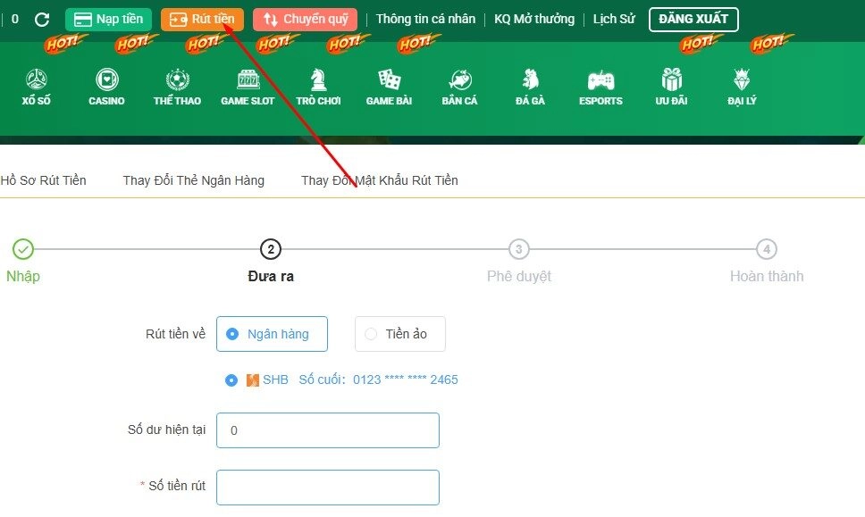 Chọn mục rút tiền để rút tiền từ tài khoản TK88
